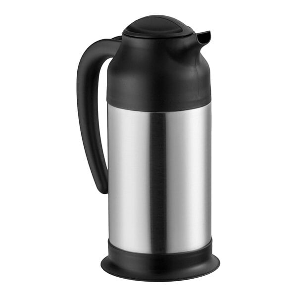 A stainless steel insulated carafe with a black plastic handle and lid.