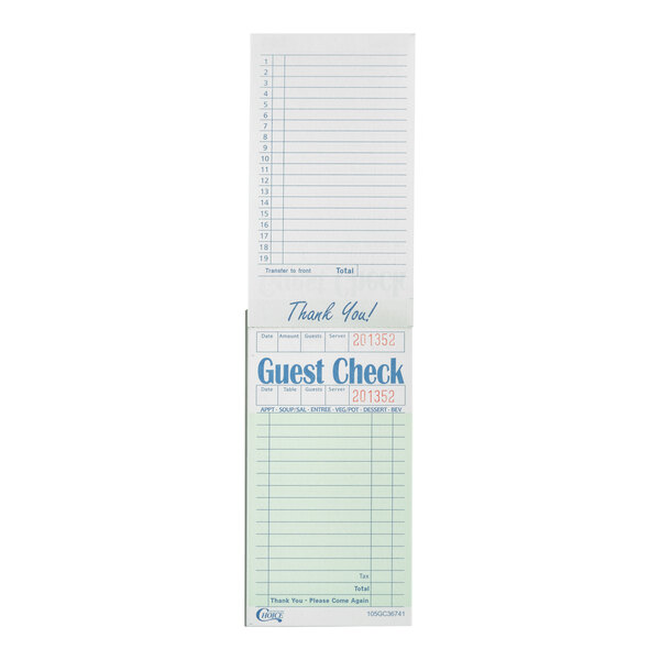 A green and white guest check pad with beverage lines and a top guest receipt, commonly used in restaurants for order taking.