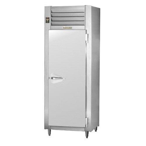 A Traulsen specification line white reach-in freezer with a white door and a handle.