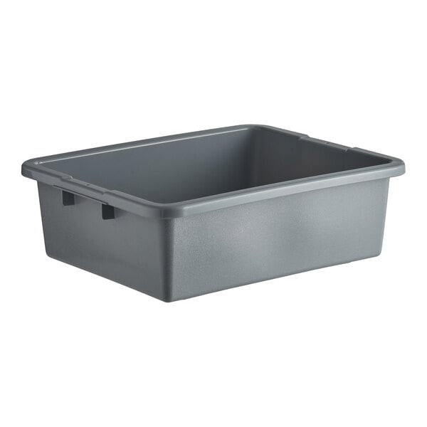 A gray high-density polyethylene bus tub measuring 20 inches by 15 inches by 5 inches.