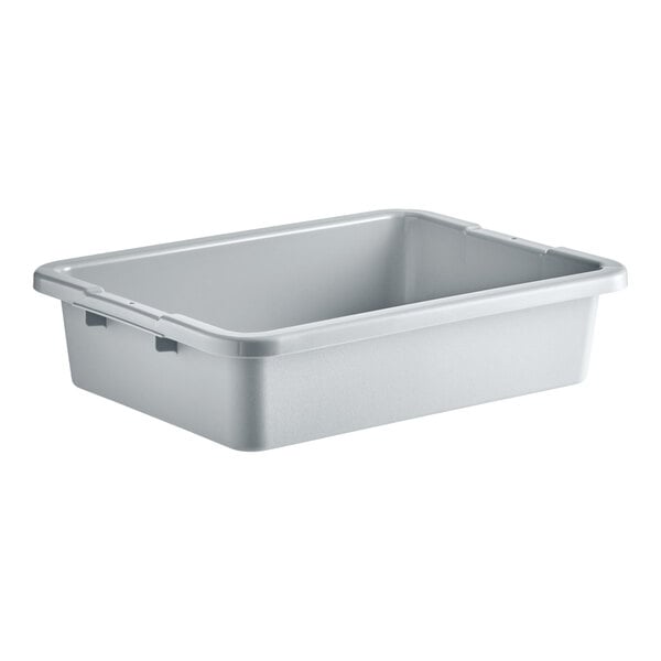 A gray high-density polyethylene bus tub measuring 20 inches by 15 inches by 5 inches.