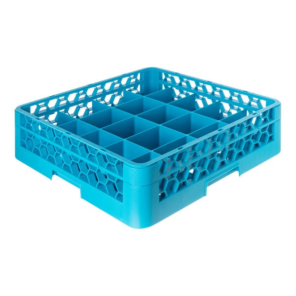 A blue plastic 20-compartment tilted cup rack with one extender.