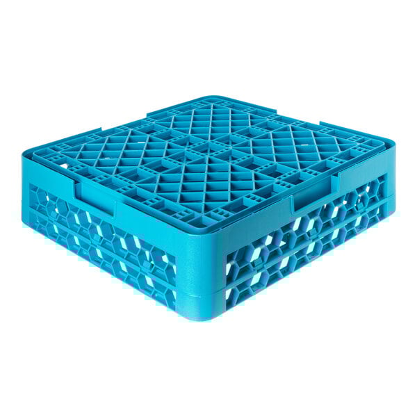 A blue plastic 20-compartment tilted cup rack with one extender, designed for dishwashing and storage.