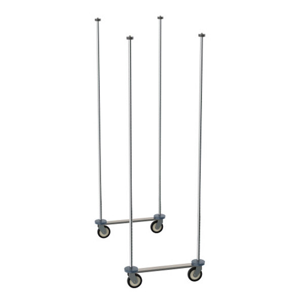 A chrome-plated mobile shelving unit frame with four vertical posts and caster wheels, designed for use with Metro Super Erecta Top-Track shelving systems.