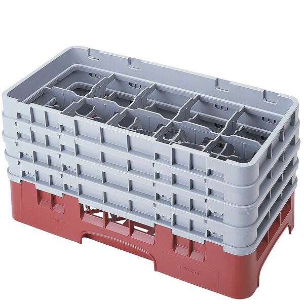A red and gray plastic Cambro glass rack with 10 compartments.