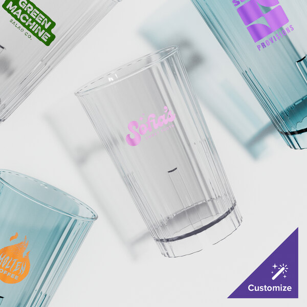 A group of Cambro clear customizable plastic tumblers.