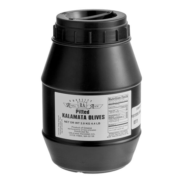 A large black plastic container of pitted Kalamata olives with a white label.