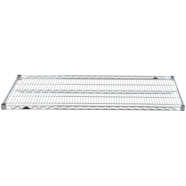 A Metro Super Erecta chrome wire shelf with metal rods on a white background.