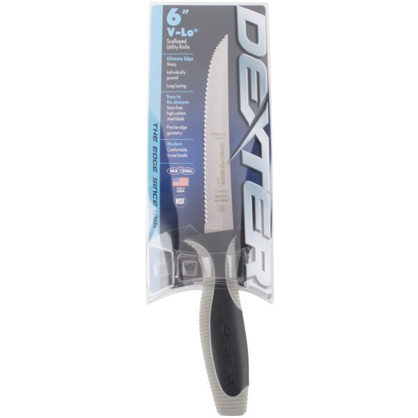 A package of Dexter-Russell V-Lo scalloped utility knife with a black handle.