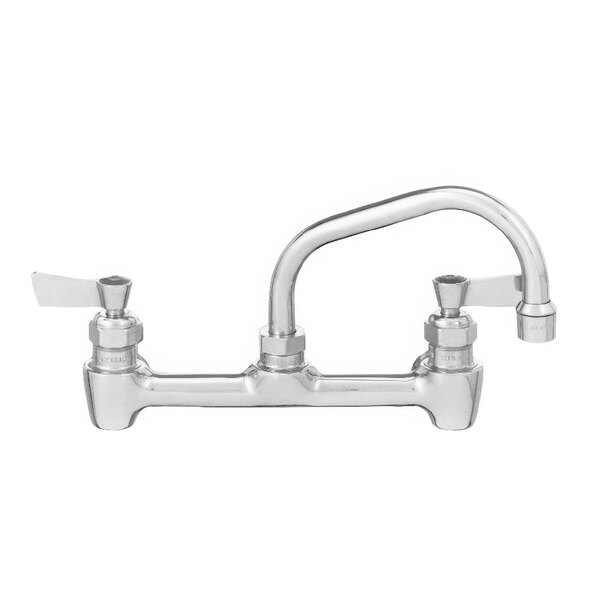 A close-up of a silver Fisher wall mount faucet with two lever handles and a swing spout.