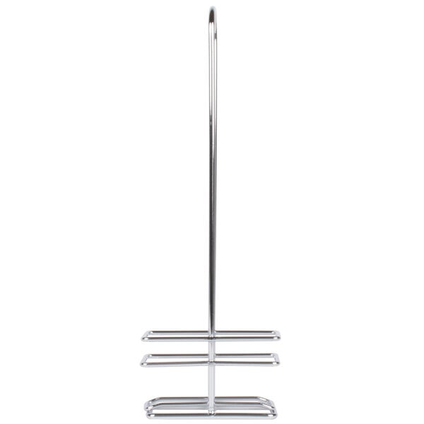 A Tablecraft chrome metal cruet rack with a long metal pole and three hooks.