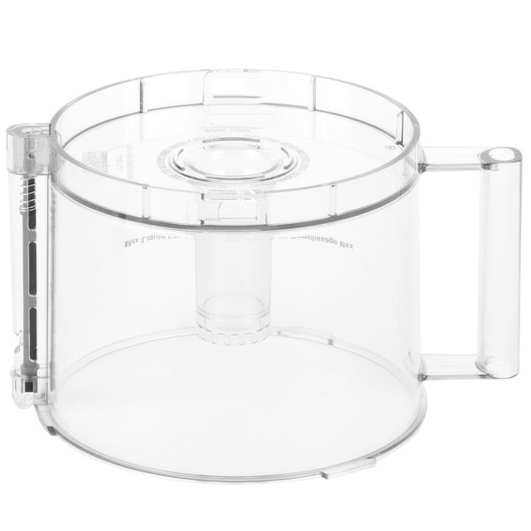 A clear plastic container with handles and a clear lid for a Waring commercial food processor.