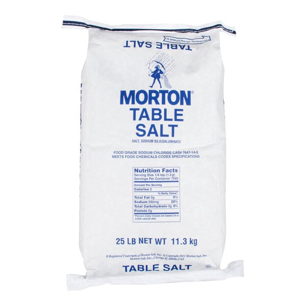A large white bag labeled 'Morton Table Salt' with blue text, showing nutrition facts and a net weight of 25 lb (11.3 kg).