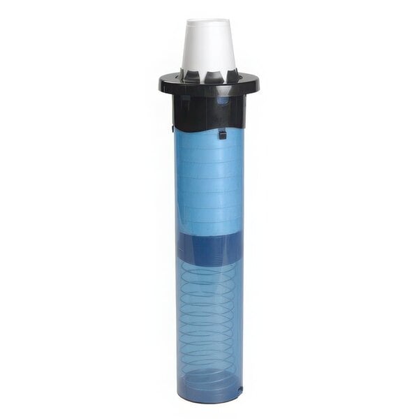 A blue and black cylinder with a white cap holding cups.