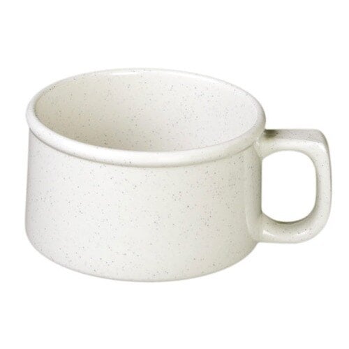 A white mug with a handle.