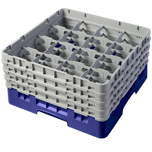 A navy blue plastic Cambro 16 compartment glass rack with extenders.