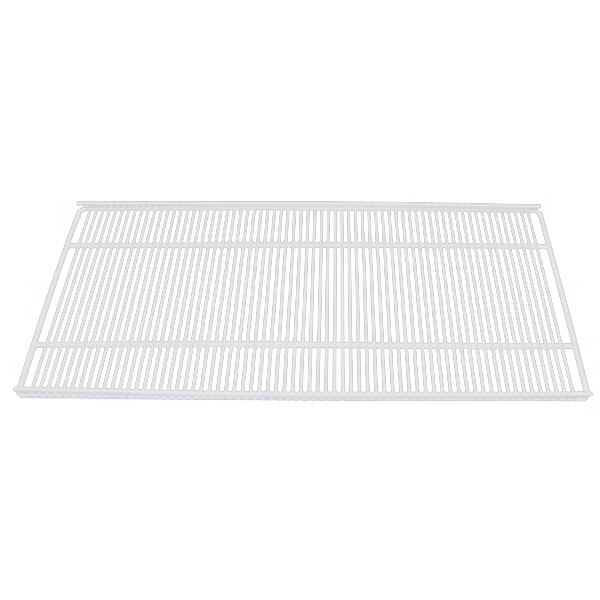 A white coated wire shelf with a grid pattern.