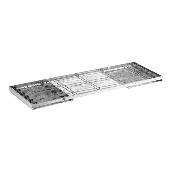 A metal shelf with a handle and holes.