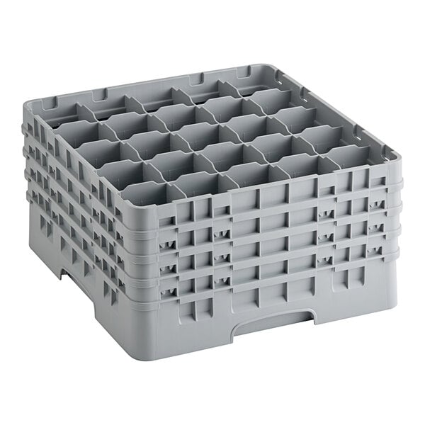 A soft gray plastic Cambro glass rack with 25 compartments.