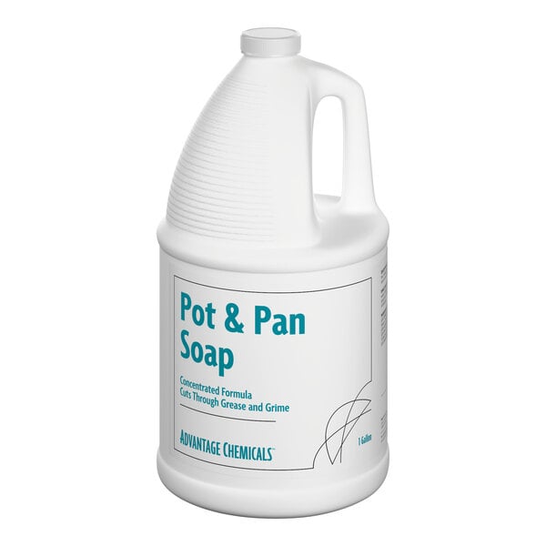 A one-gallon container of Advantage Chemicals concentrated pot and pan liquid detergent.