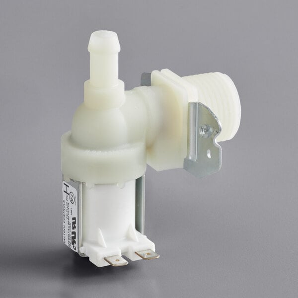 A Bunn white plastic solenoid valve with metal connectors.