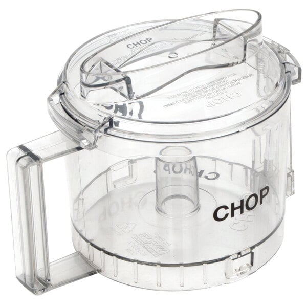 A clear plastic food processor chopping bowl and cover with the word "chop" on it.
