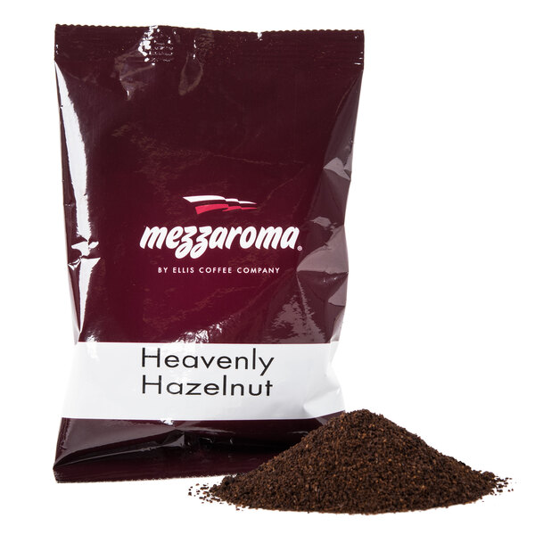 A white bag of Ellis Mezzaroma Heavenly Hazelnut Cream ground coffee packets with white text.