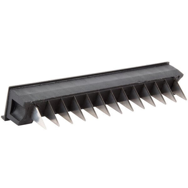 A black rectangular metal cutting blade with sharp spikes.
