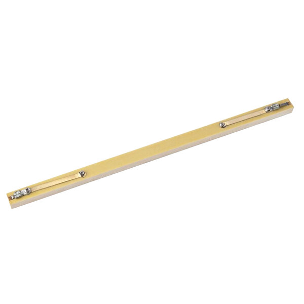 A gold metal replacement seal bar for a VacMaster vacuum packaging machine with two holes.