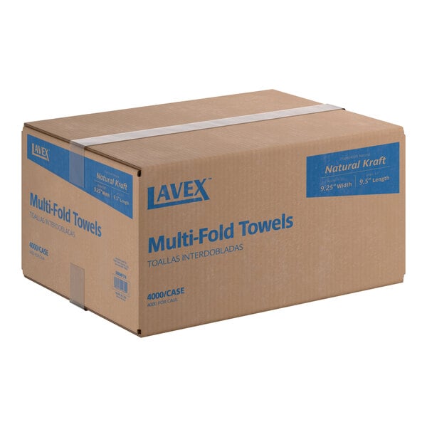 A large cardboard case of Lavex Natural Kraft Multi-Fold Towels containing 4,000 towels.