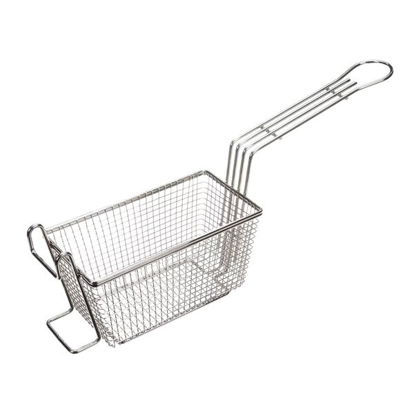 A rectangular metal wire fryer basket with a long handle and a front hook, shown on a white background.