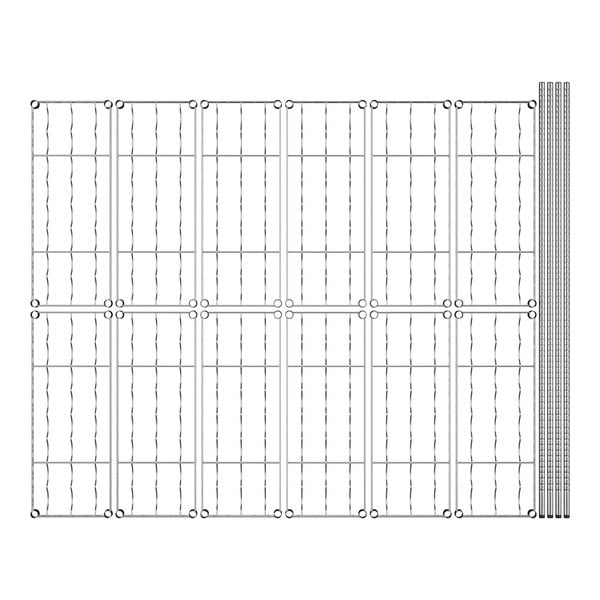 A white metal grid with holes for 12 shelves.