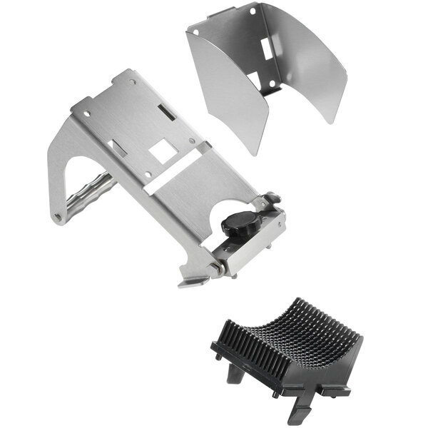 A metal plate with a metal bracket and a black plastic pusher with holes.