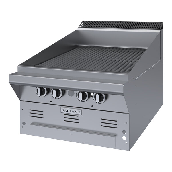 A stainless steel 24-inch briquette charbroiler with four control knobs, designed for commercial kitchens.