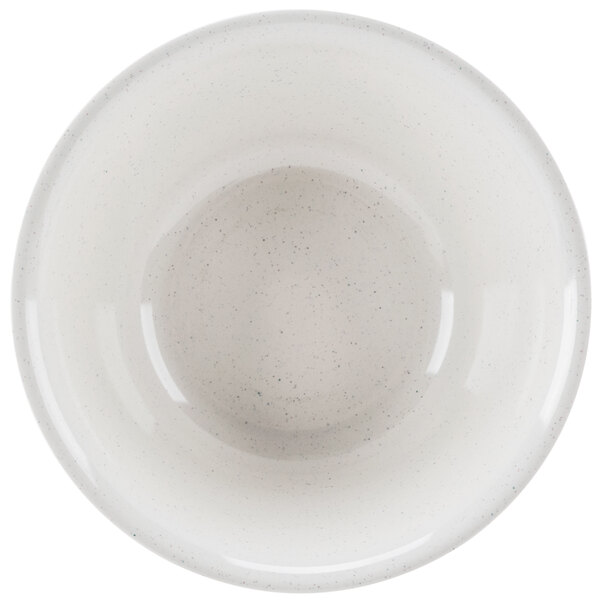 A white bowl with a blue curved line and speckled specks.