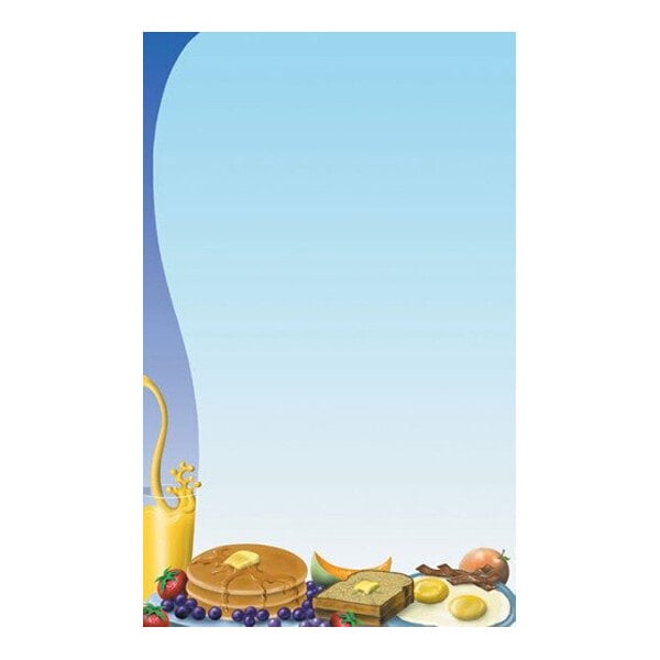 A breakfast-themed illustration featuring pancakes, toast, eggs, fruit, and a pitcher of juice along the bottom edge of a blue gradient background, with ample blank space above for text or menu items.