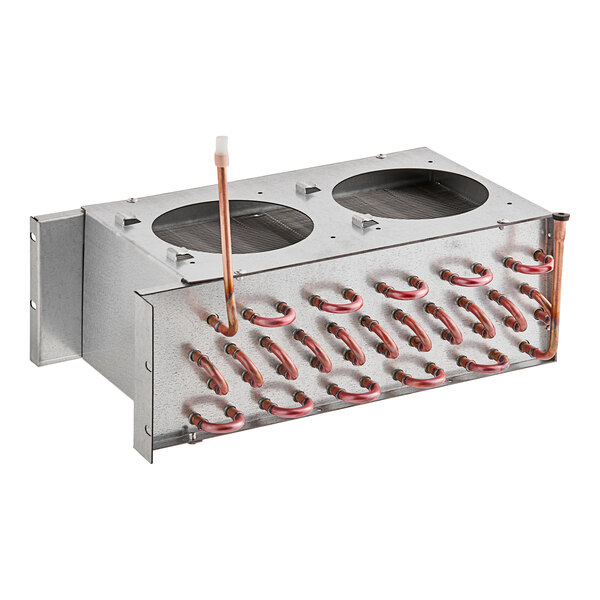 An Avantco condenser coil, a metal box with two copper pipes and a tube.