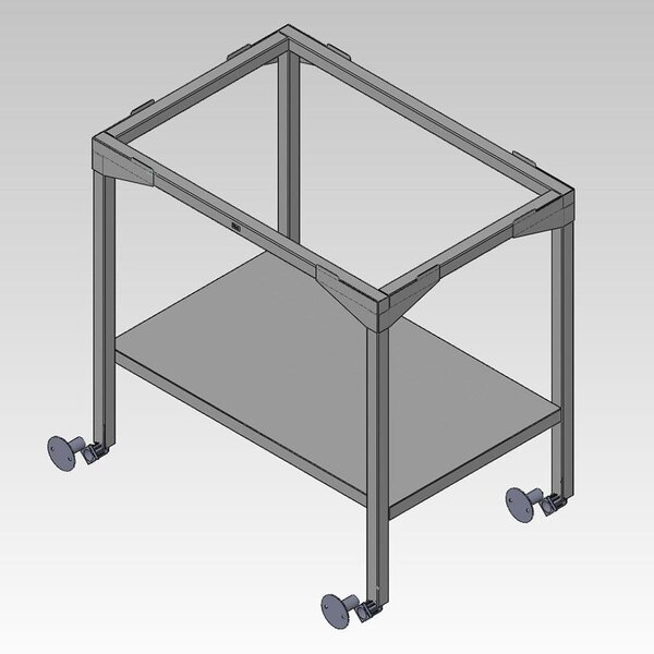 A stainless steel Alto-Shaam stand with storage shelf for rotisserie ovens.