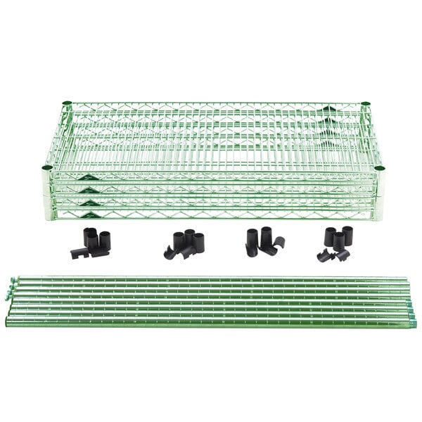 A Metro Super Erecta wire shelf with green plastic clips.
