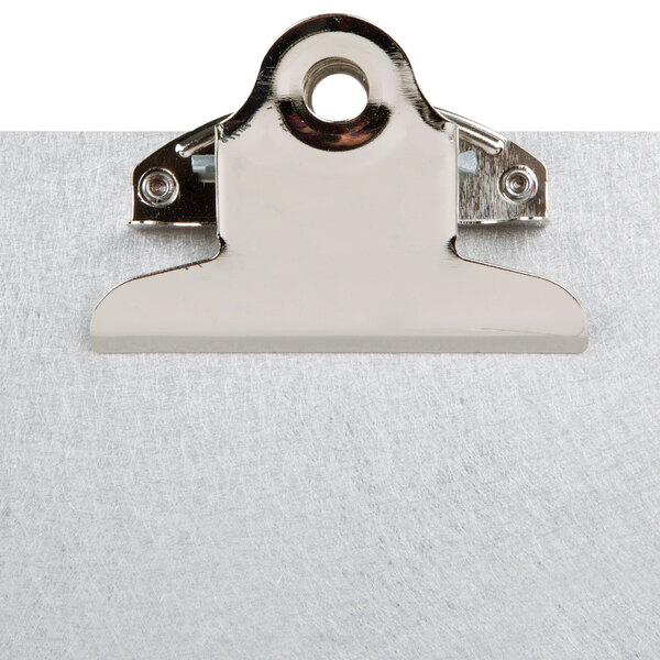 A Menu Solutions aluminum table tent with a metal clip.