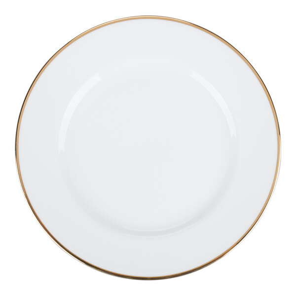 A white porcelain salad or dessert plate with a gold line around the rim.
