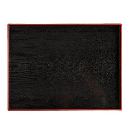 A black rectangular tray with a red border.