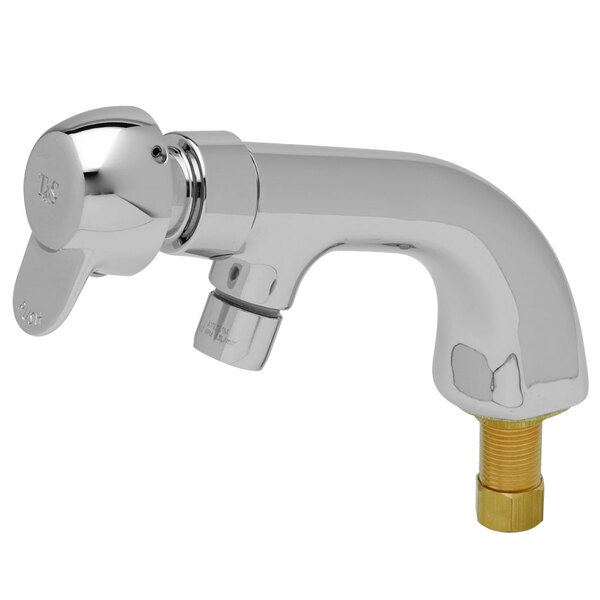 A silver T&S deck mounted metering faucet with a gold nut.