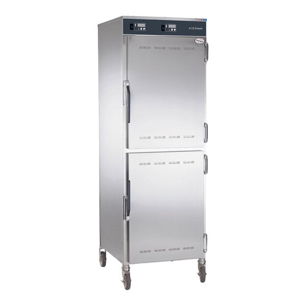 A stainless steel mobile holding cabinet with two Dutch doors and universal racks.
