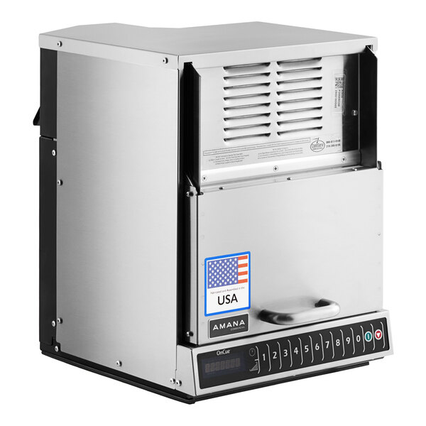 A stainless steel heavy duty commercial microwave with a digital keypad and labeled as made in the USA.