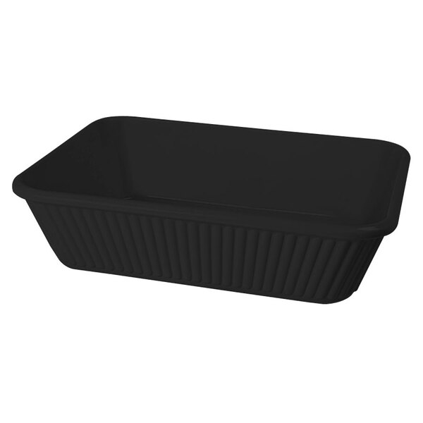 A black rectangular melamine casserole dish.