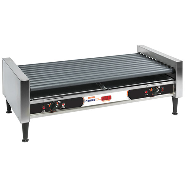 A Nemco hot dog roller grill on a counter with black rollers.