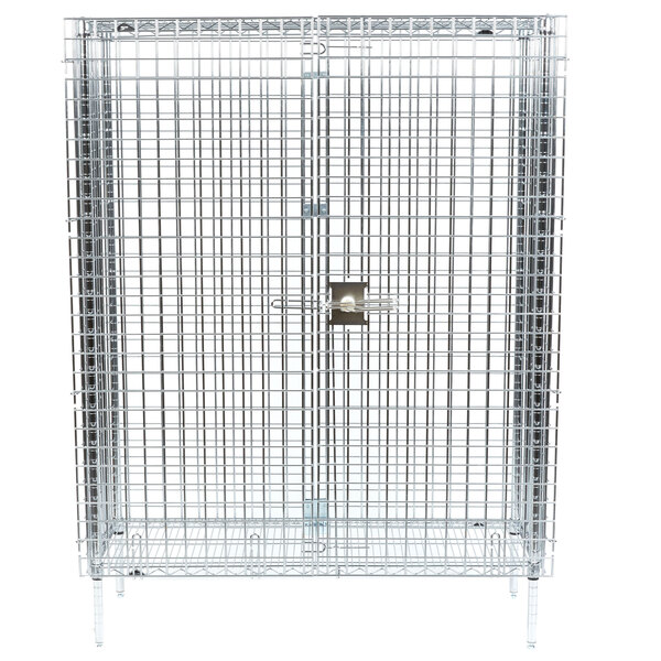 A Metro wire security cabinet with a lock on it.