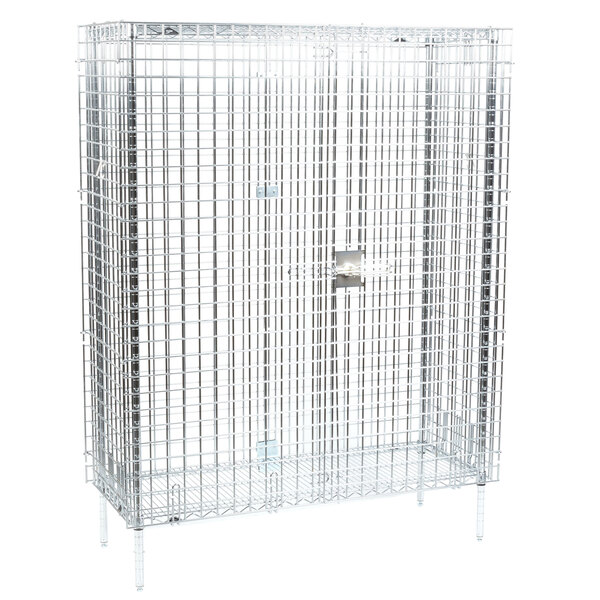 A chrome Metro wire security cabinet with a door on it.