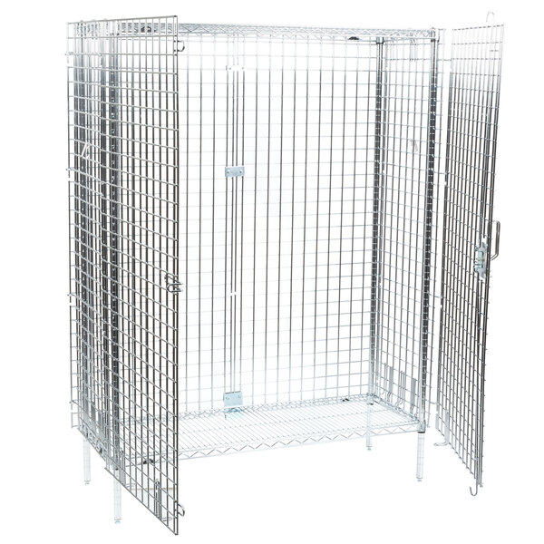 A Metro stationary wire security cabinet with open metal doors.